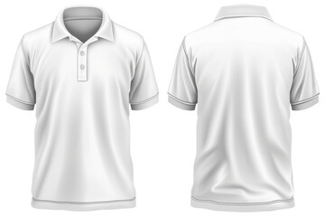 A plain white polo shirt displayed from the front and back in a studio setting, highlighting its simple design and versatile style suitable for various occasions isolated on transparent background