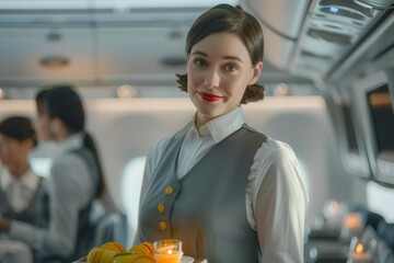 Aufkleber - A flight attendant delivers drinks and snacks to travelers, showcasing hospitality and professionalism in the cabin during a morning flight. Generative AI