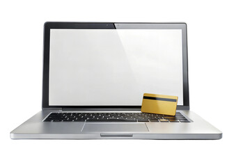 A close-up of a laptop with a credit card resting on the keyboard, symbolizing online shopping and digital finance activities isolated on transparent background