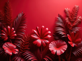 Wall Mural - Collection of tropical leaves, foliage plant in red color background