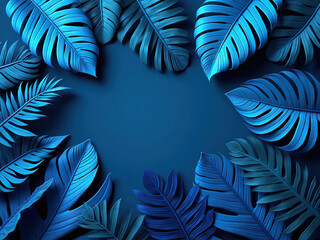 Collection of tropical leaves, foliage plant in blue color background