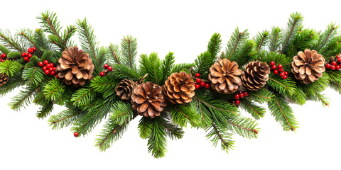 Decorative garland with pine cones and red berries arranged on a festive background, ideal for holiday celebrations and winter season decor isolated on transparent background