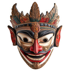 Handcrafted Balinese Wooden Mask with Feathered Crown - isolated on White Transparent Background, PNG
