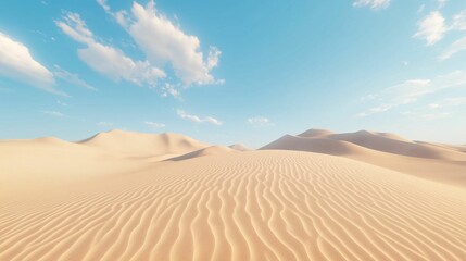 A serene desert scene with smooth sand dunes under a bright blue sky.