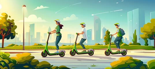 An electric scooter sharing program in a green city, with solar-powered charging stations and riders enjoying the sustainable transport