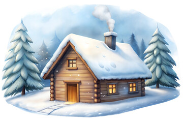 Wall Mural - a cozy wooden cabin surrounded by snow-covered trees during a peaceful winter afternoon in a serene 