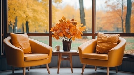 Contemporary waiting room with two comfortable armchairs and stunning panoramic window view