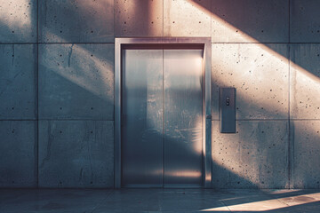 Poster - A large silver door with a metal handle sits in front of a concrete wall