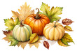 © David - Autumn composition featuring three pumpkins surrounded by colorful leaves in various shades showcasing the beauty of fall harvest isolated on transparent background
