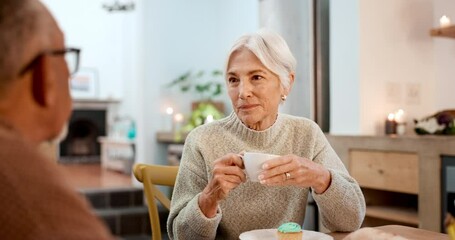 Sticker - Tea party, elderly friends and people chatting in a retirement home together for bonding in the morning. Smile, drinking and a group of happy seniors talking in the living room of an apartment