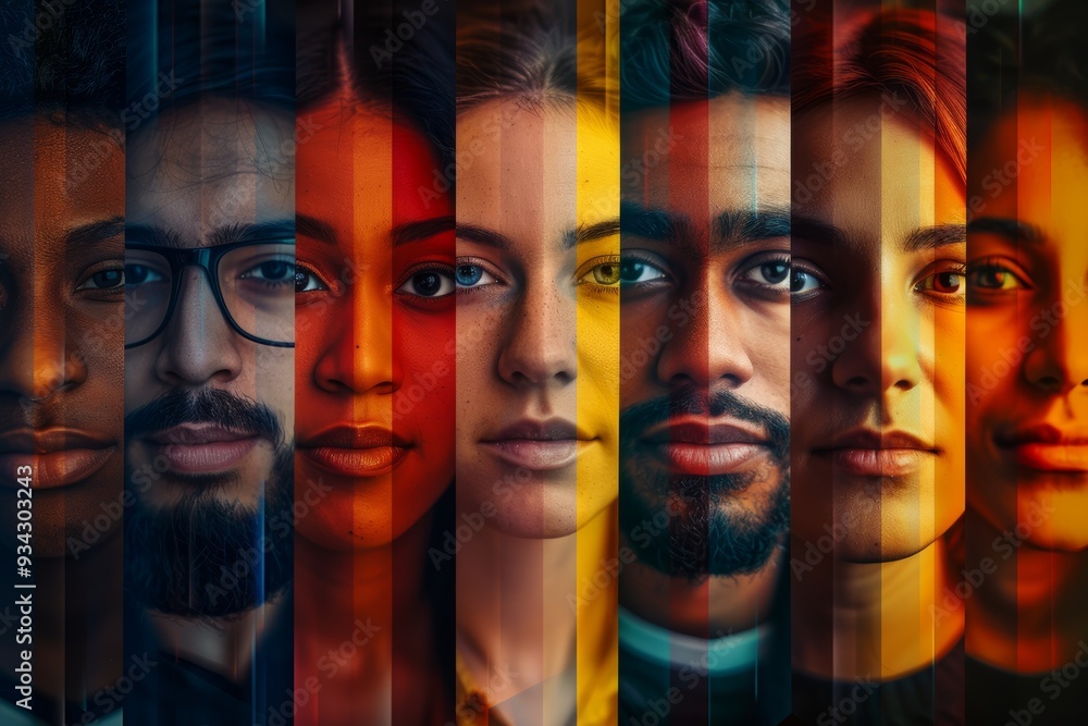 A vibrant and colorful collage showcasing a variety of diverse faces ...