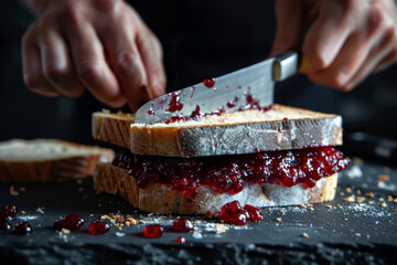 Wall Mural - A person is cutting a sandwich with a knife