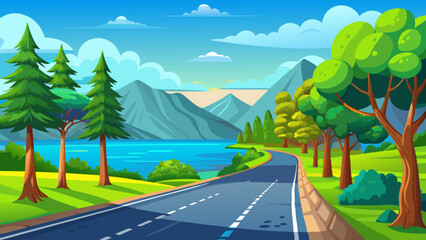 Empty asphalt road and green trees with blue sky background over the lake in summer, landscape nature view 