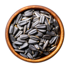 Wall Mural - Dark wooden bowl filled with shelled sunflower seeds top view isolated on transparent background 