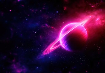 vibrant cosmic scene featuring a pink planet with stunning rings against a starry galaxy background,