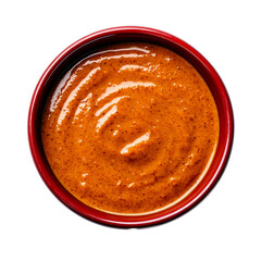 Poster - Savory chestnut sauce in a bold deep red bowl top view isolated on transparent background 