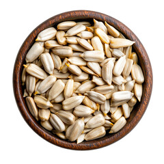 Canvas Print - Shelled sunflower seeds in dark wooden bowl top view isolated on transparent background 