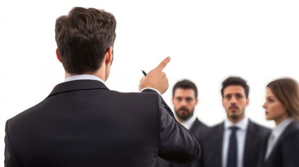 A businessman conducting performance reviews with employees, demonstrating leadership