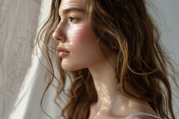 A woman with long brown hair and a tan shirt