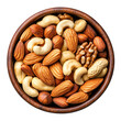 © fotogurmespb - Wooden bowl with mixed nuts walnuts cashews almonds top view isolated on transparent background