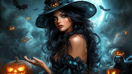 Beautiful witch with glowing pumpkin on Halloween night

