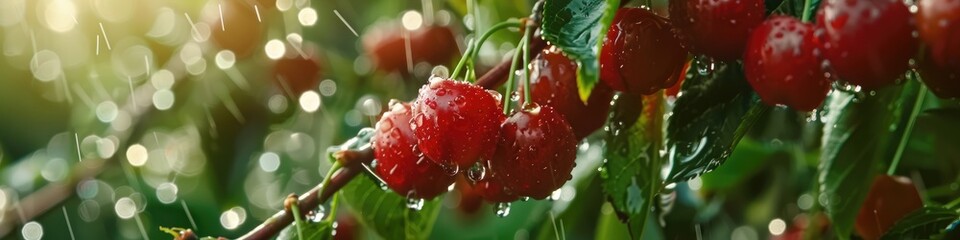 Poster - Fresh cherries on a tree glistening with rain in a rustic garden. Raindrops on ripe fruits in an orchard. Slow-motion close-up of a post-rain harvest in the garden.