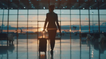 Aufkleber - A flight attendant navigates the airport terminal with a suitcase, enjoying the beautiful sunset through large windows. Generative AI