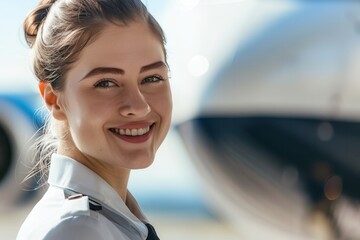 Aufkleber - A flight attendant smiles warmly while positioned beside an airplane, showcasing her professionalism and readiness for the day's flight activity. Generative AI
