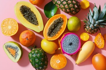 Wall Mural - Colorful arrangement of tropical fruits on a pink background