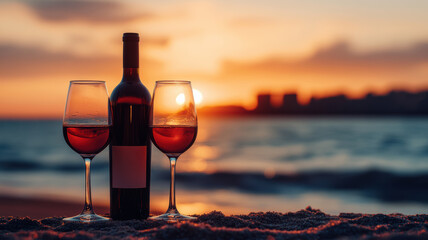 Wine Bottle and Two Glasses on Seashore