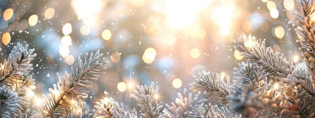 Wall Mural - Frosty Christmas background with blurred lights and white snowflakes in the foreground, creating an atmosphere of joy for holiday events Generative AI