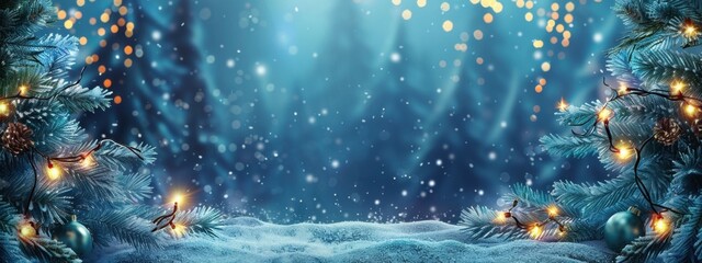 Wall Mural - Frosty winter background with snow-covered fir trees and glowing garland Christmas or New Year concept, banner design space for text Generative AI