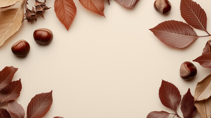 background of autumn brown leaves and chestnuts, in a flat frame with space for text