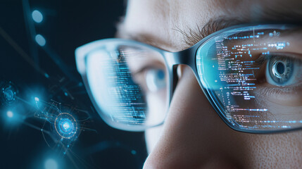 eyes of focused male it specialist analyzing complex data streams, surrounded by augmented reality h