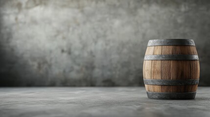 An antique wooden barrel stands on a textured gray surface, evoking a sense of rustic charm, history, and vintage aesthetics in a modern setting.