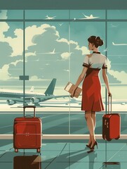 Aufkleber - A flight attendant stands by the airport window, observing airplanes while holding a suitcase and a bag, ready for her next journey. Generative AI