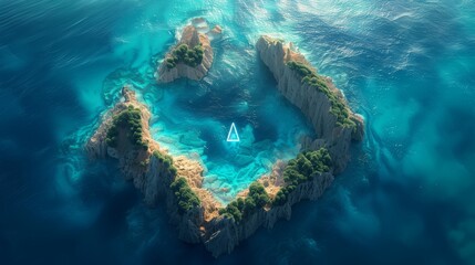 Wall Mural - Aerial View of a Heart-Shaped Island Surrounded by Crystal Clear Waters at Sunset