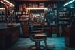 © PrettyStock - Vintage barbershop interior with leather chair, wooden cabinets, and neon lighting creating a moody atmosphere for traditional grooming services.