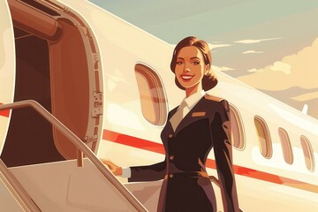 Aufkleber - A flight attendant stands at the entrance of a private jet, smiling warmly as passengers prepare to board during a beautiful sunset. Generative AI