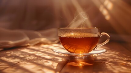 Wall Mural - clear tea cup on brown surface