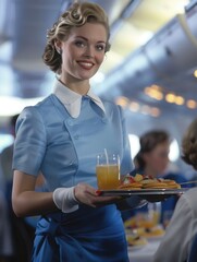 Aufkleber - A flight attendant smiles while serving pancakes and a drink to passengers in a vibrant aircraft interior. Generative AI