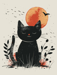 Poster - Cute black cat with moon on grunge background. Vector illustration