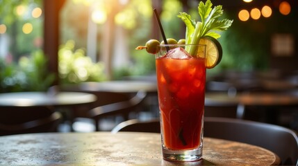 A vibrant Bloody Mary garnished with celery, lime, and olives, served in a tall glass with a spiced rim, basking in the warm glow of a sunny outdoor setting.