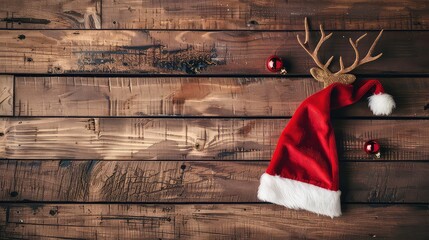 A red Santa hat with white fur trim lies on a rustic wooden background, adorned with golden antlers and red baubles.