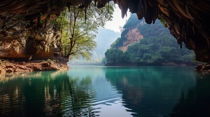 Wall Mural - a view of a lake from inside a cave