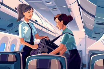 Aufkleber - Two flight attendants collaborate to store items in the aircraft cabin while preparing for the flight ahead, focusing on passenger needs. Generative AI