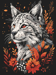 Wall Mural - Hand drawn vector illustration of lynx with floral ornament. Wild cat.