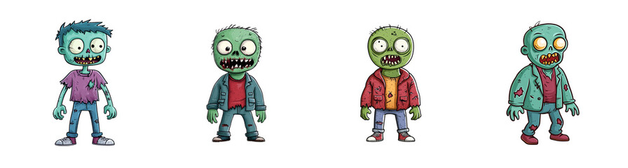 A colorful set of cartoon zombie characters isolated on a transparent background perfect for Halloween design concepts