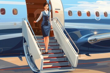 Aufkleber - A flight attendant warmly welcomes passengers at the foot of the stairs of a private jet under clear blue skies. Generative AI