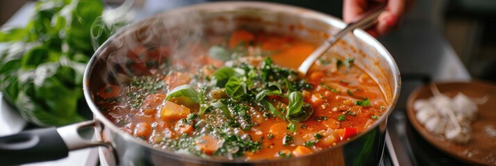 Canvas Print - Stirring a pot of simmering homemade soup with fresh herbs using a ladle.